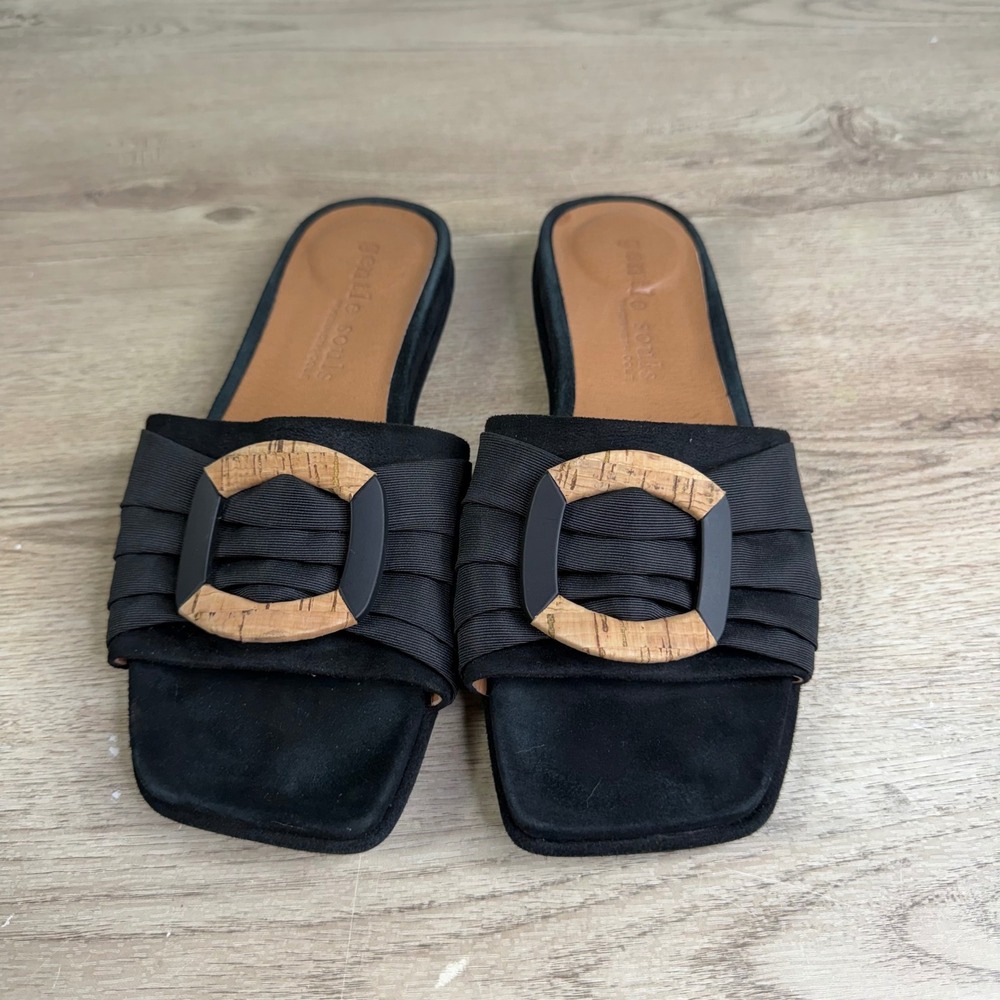Gentle Souls Rhea Black Textile Cork Buckle Slide Sandals 7